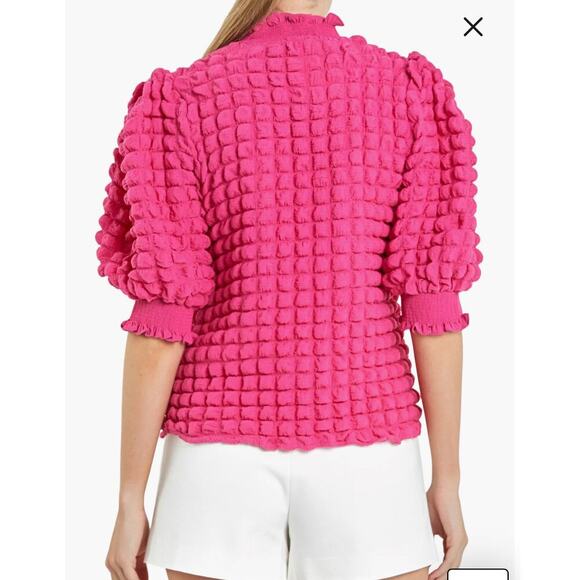 English Factory Mock Neck Popcorn Textured Knit Bubble Sleeve Top XS Pink - Picture 2 of 12